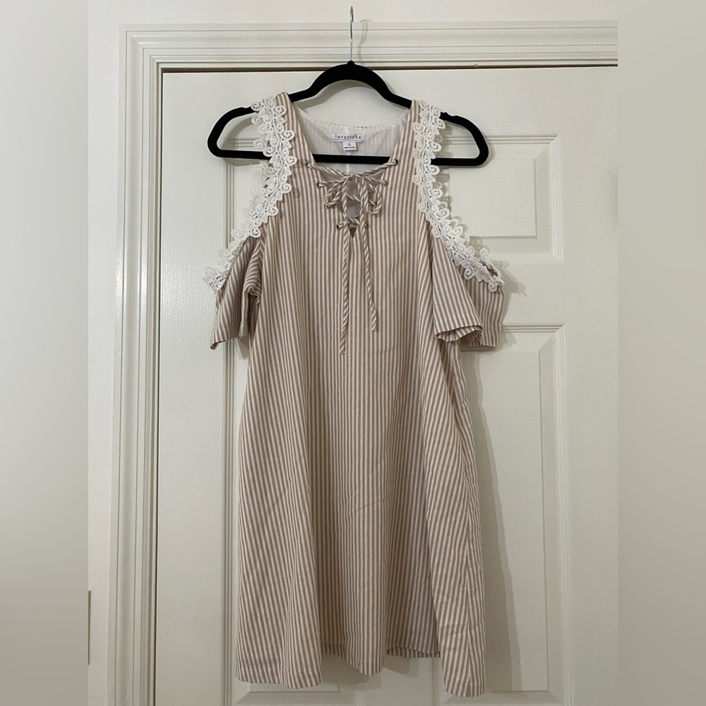 Loveriche Khaki and White Striped Dress with White Embellishment, Size L